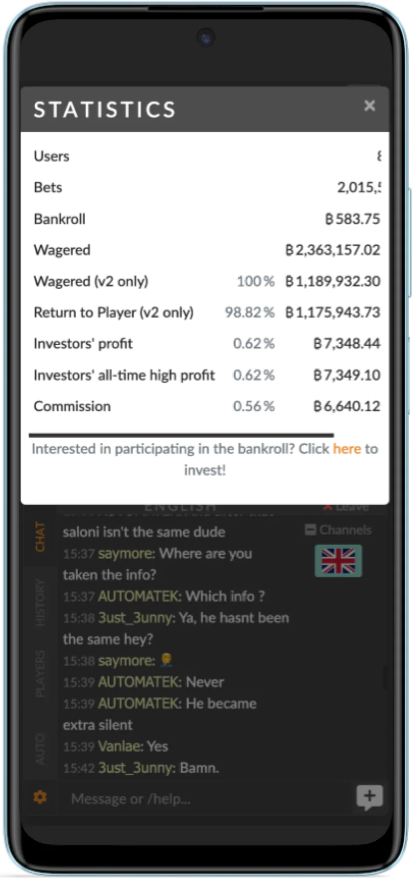 Bustabit Bangladesh game statistics screenshot on mobile